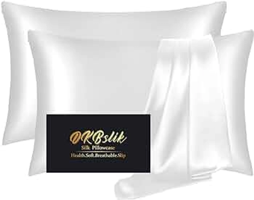 Silk Pillow Cases 2 Pack, Mulberry Silk Pillowcases Standard Set of 2, Health, Smooth, Anti Acne, Beauty Sleep, Both Sides Natural Silk Satin Pillow Cases for Women 2 Pack with Zipper for Gift,White