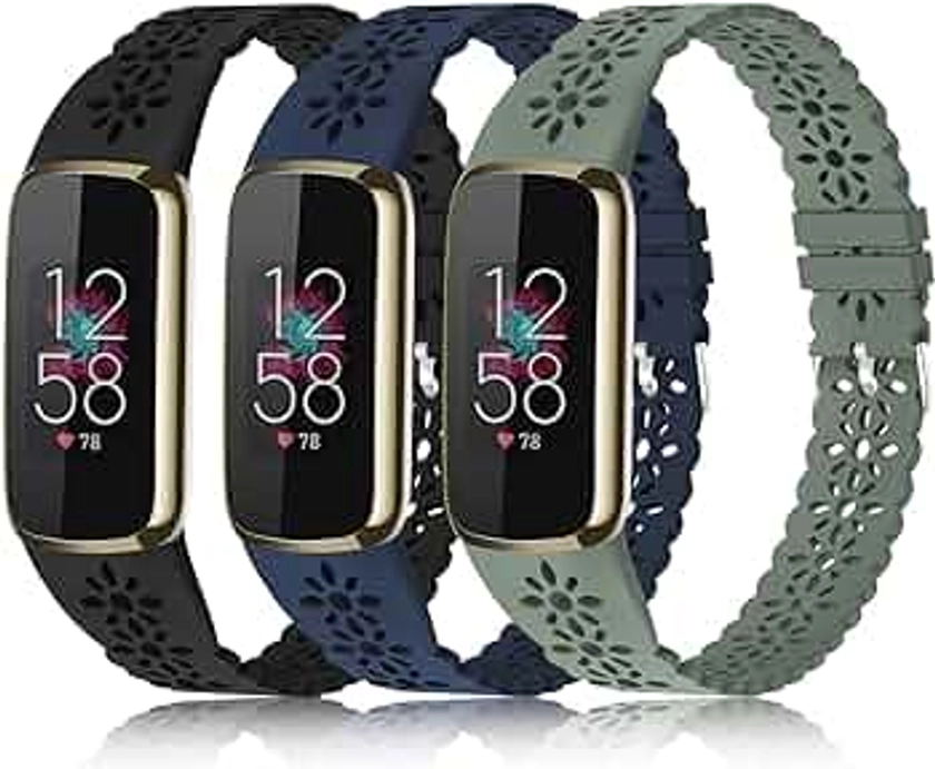 3 Pack Slim Sport Bands Compatible with Fitbit Luxe Band for Women, Soft Silicone Lace Thin Hollow-Out Replacement Wristbands Breathable Bands for Fitbit Luxe Fitness Smart Watch