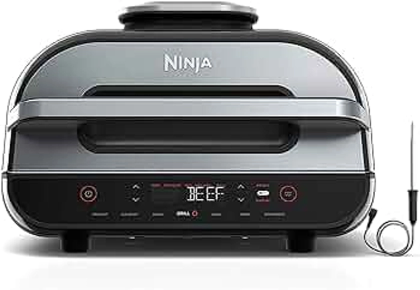 Ninja FG551 Foodi Smart XL 6-in-1 Indoor Grill with Air Fry, Roast, Bake, Broil & Dehydrate, Smart Thermometer, Black/Silver