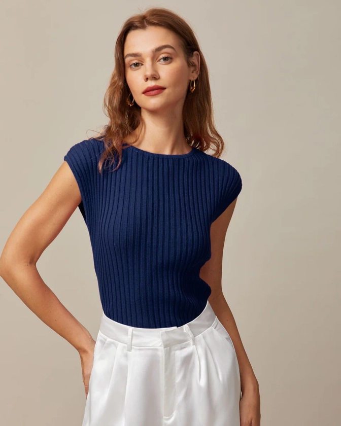 The Blue Boat Neck Ribbed Cap Sleeve Knit Tee - Women's Rib Knit Boat Neck Tees – RIHOAS