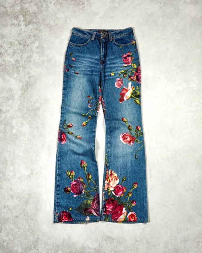 ROBERTO CAVALLI ROSE PRINT FLARED JEANS | Barhaine Archive