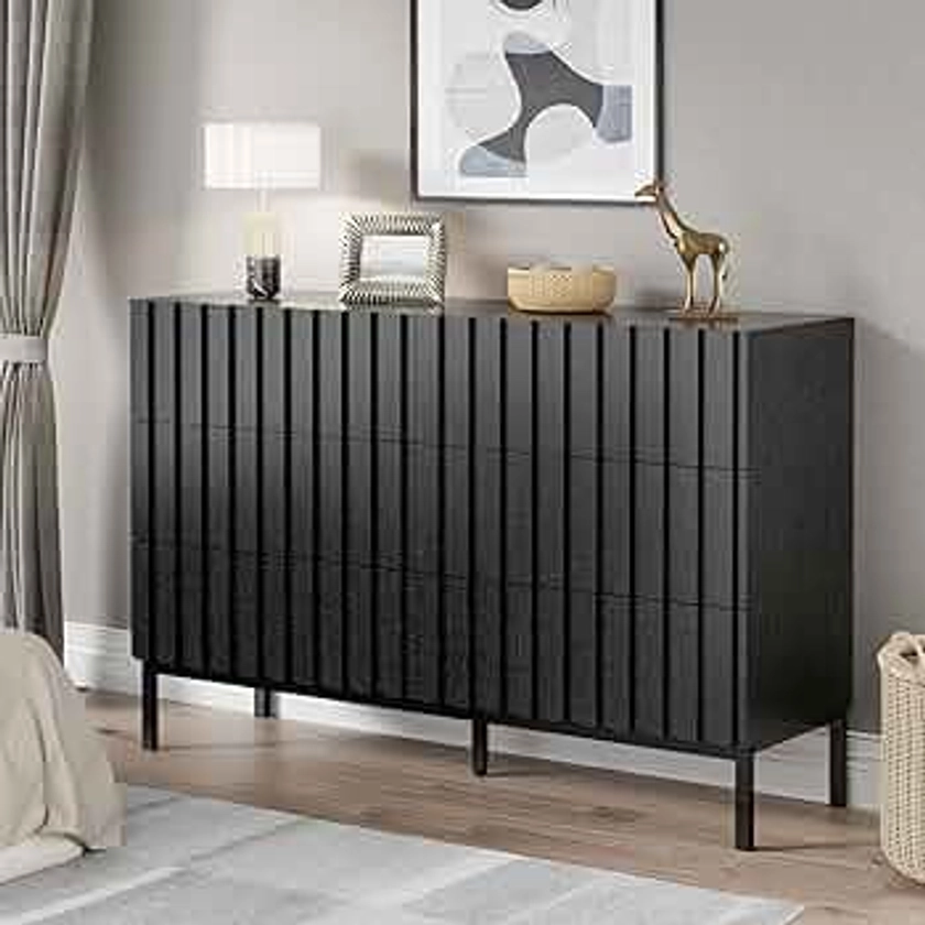 UEV Black 6 Drawer Dresser for Bedroom,Black Modern Dresser,Fluted Dresser Mid Century Modern Dresser with Panels for Handle,Dresser TV Stand for Bedroom,Long Storage Dresser,Hallway