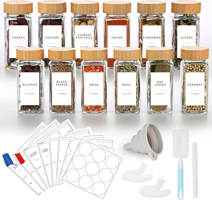 Lannvan Glass and Wood Spice Jar – 12 Pieces 120 ml Spice Jars with 246 French Labels – Kitchen Storage Box with Sieves, Funnel : Amazon.fr: Home & Kitchen