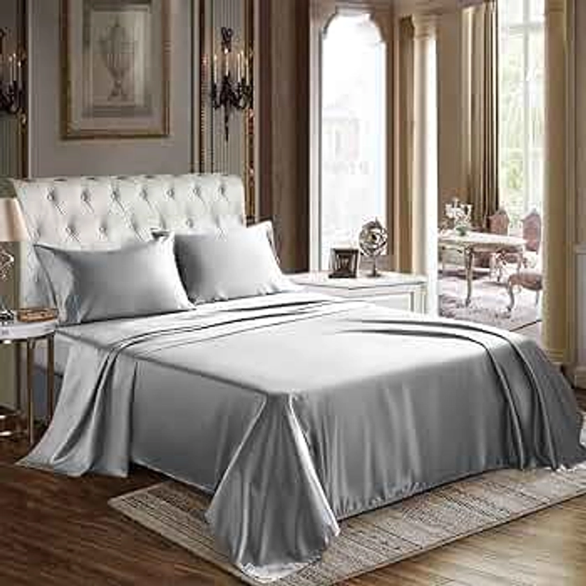 CozyLux Satin Sheets Full Size - 4 Piece Light Grey Bed Sheet Set with Silky Microfiber, 1 Deep Pocket Fitted Sheet, 1 Flat Sheet, and 2 Pillowcases - Smooth and Soft