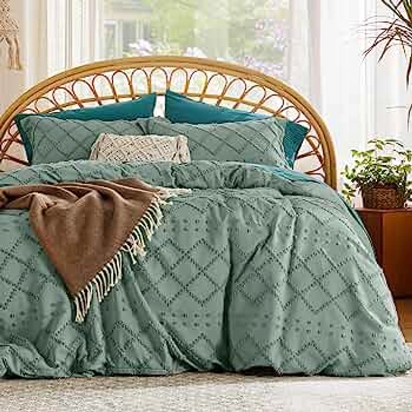 Bedsure Duvet Cover King Size - King Duvet Cover, King Boho Bedding for All Seasons, 3 Pieces Embroidery Shabby Chic Home Bedding Duvet Cover (Green, King, 104x90)