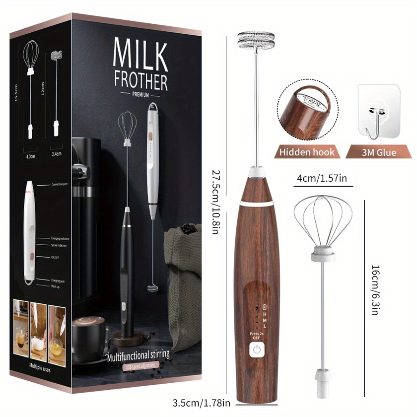 1pc Handheld Blender, Coffee Frother, USB-Rechargeable Hand Frother, With 2 Stainless Whisks, 3-Speed Adjustable Handheld Milk Frother For Cappuccinos