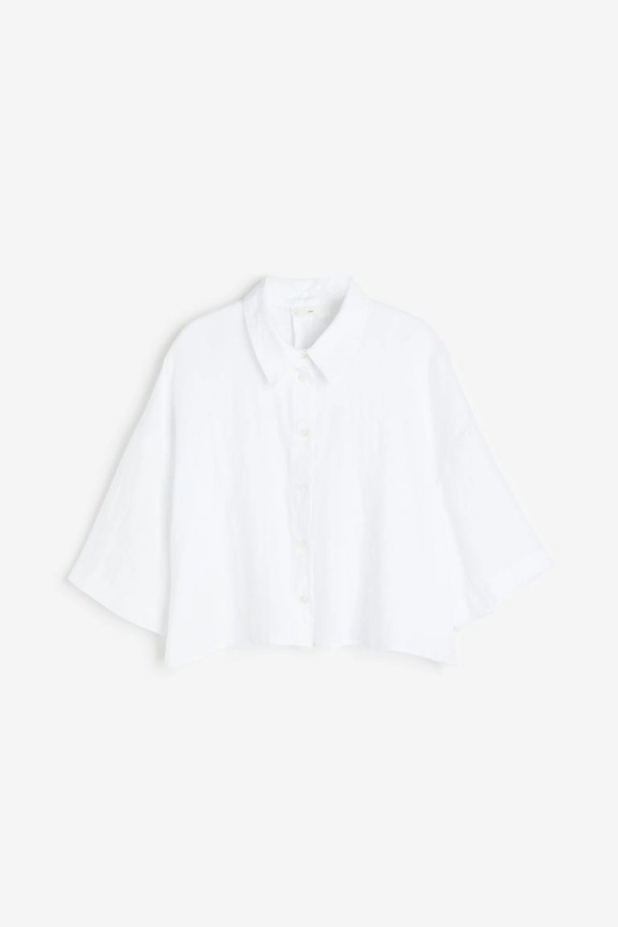 Oversized Linen Shirt - Short sleeve - Short - White - Ladies | H&M AU