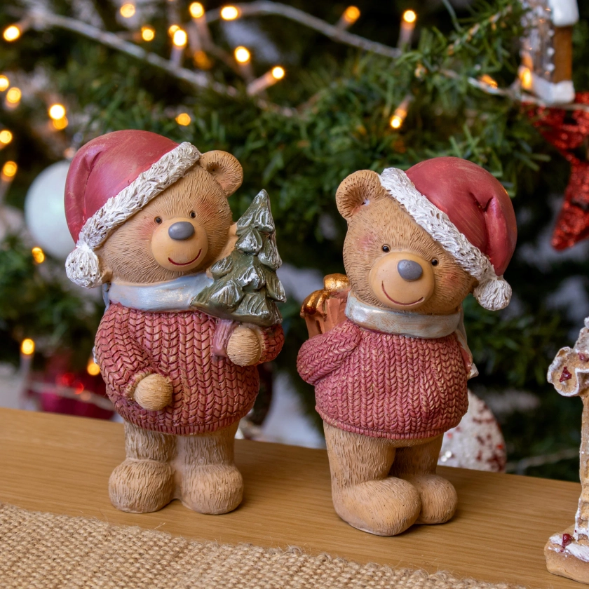 Set Of 2 Christmas Teddy Bear Figurines 7x13x6cm