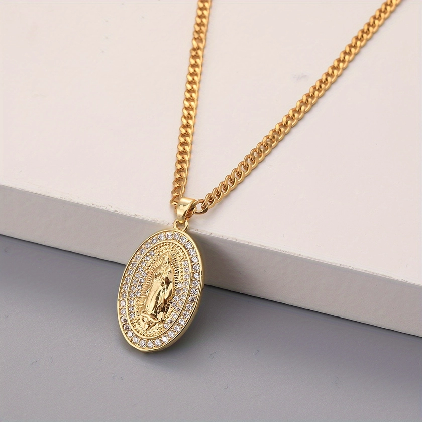 Men's Trendy Golden Color Stainless Steel Chain Pendant Copper Maria Inlaid Zircon Pendant Necklace