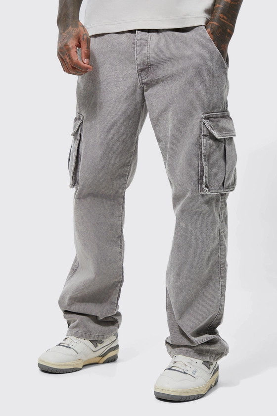 Acid Wash Relaxed Cord Cargo Trousers | boohooMAN UK