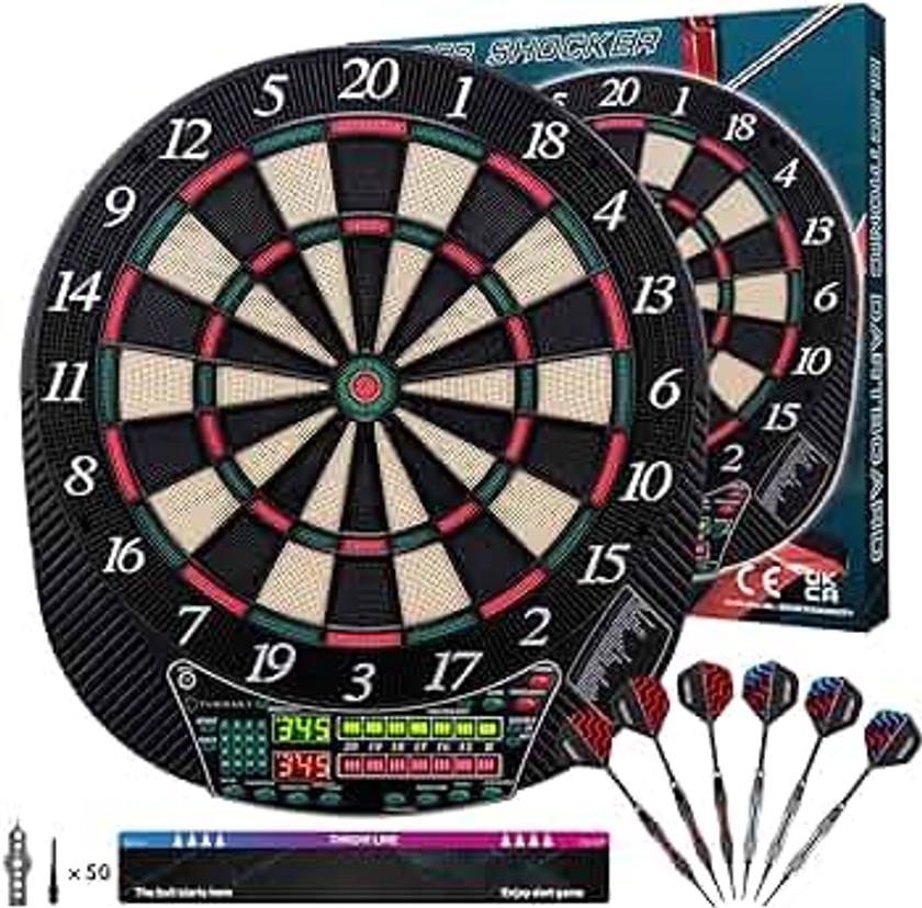 Electronic Dart Board - Dart Board Electronic Scoreboard for 16 Players - 6 Darts Plastic Tips 50 Soft Tips LED Display Power Adapter Throw Line