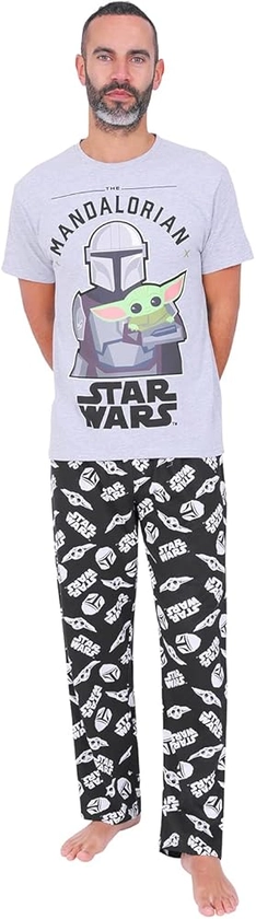 Star Wars Mens The Mandalorian Baby Yoda Long Pyjama Set Grey Black