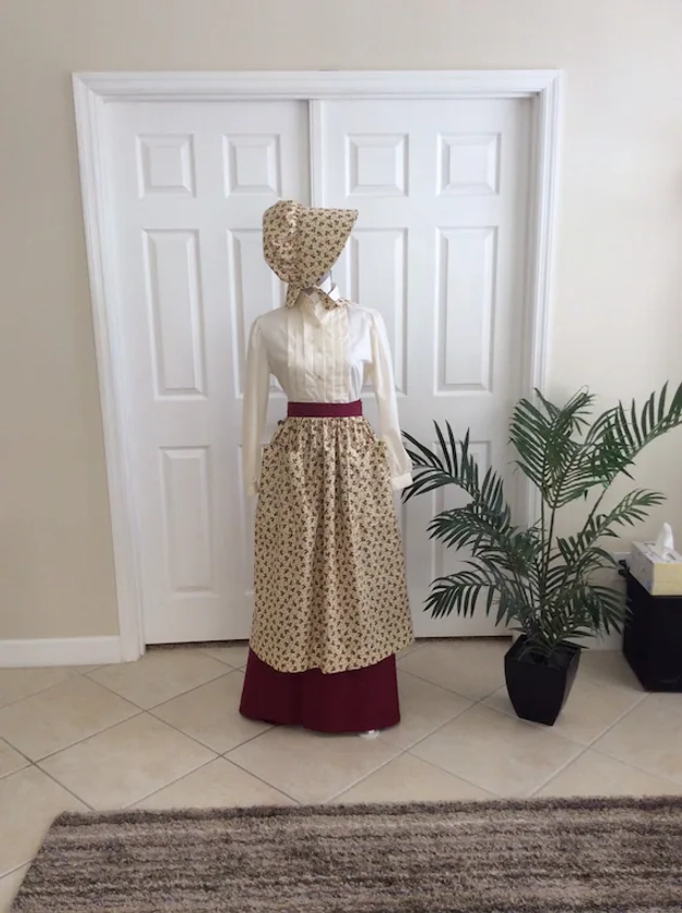 Pioneer Outfit with Skirt, Waist Apron, and Bonnet (3 Pieces), Custom Waist from 27-45 inches