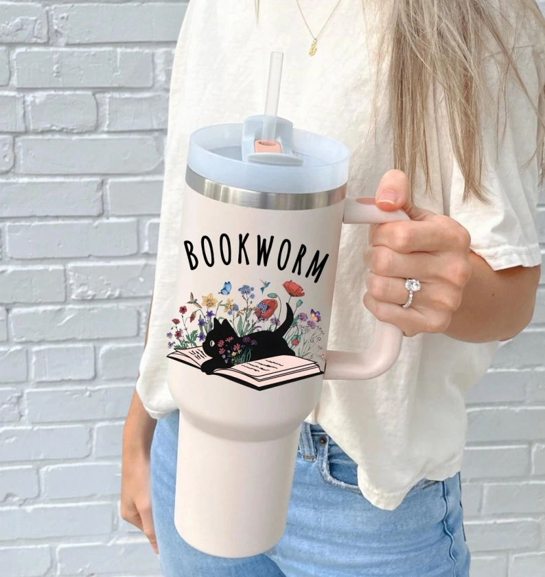 Bookworm Floral Cat 40oz Travel Cup - Floral Cat Book, Bookworm Tumblers, Bookworm Gift, Gift For Cat Lover, Book Lovers Gift, Bookish Gift