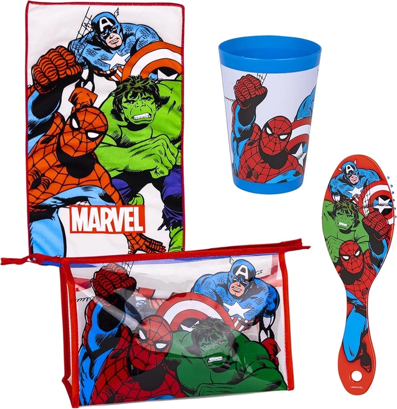 Marvel Avengers Boys Toiletry Bag, Kids Toiletry Bag in Avengers Design, Includes Cup, Hairbrush, Towel, Purse, PVC Free, multicoloured, Classic