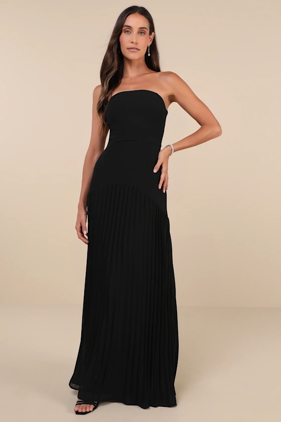 Celebratory Aesthetic Black Pleated Strapless Maxi Dress