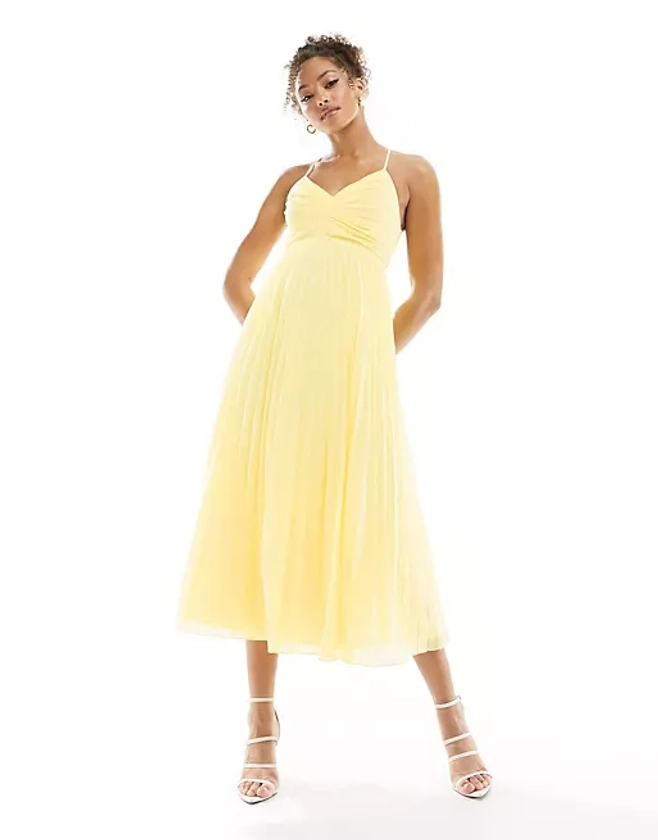 ASOS DESIGN pleated bodice strappy pleat midi dress with tie back detail in lemon