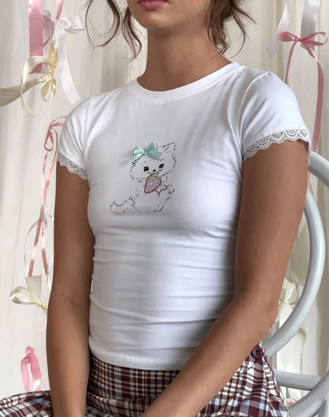 Izzy Tee in White with Strawberry Cat Print