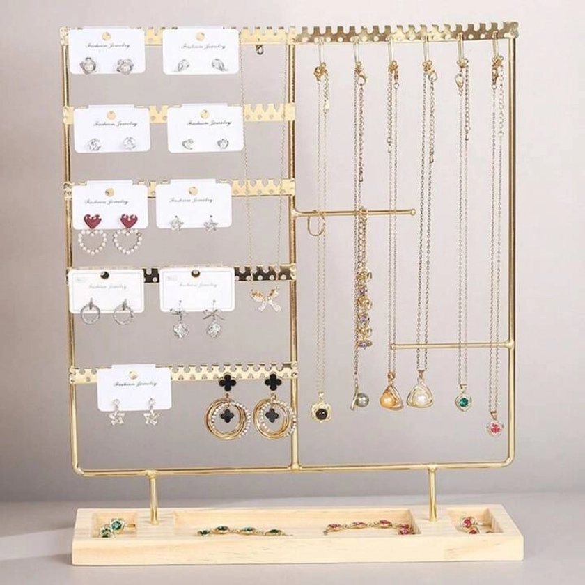 Earring Holder,5-Tier Ear Stud Holder With Wooden Tray,Jewelry Organizer Holder For Earrings Necklaces Bracelets Watches And Rings,Earring Display Stand With 132 Holes,Wood+Gold