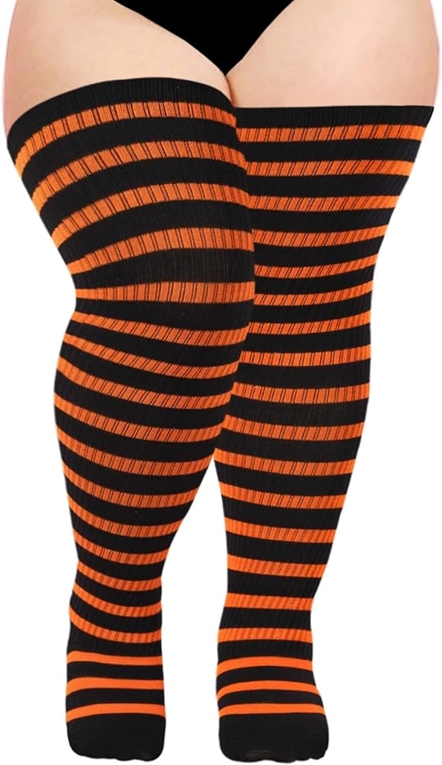 Moon Wood Plus Size Thigh High Socks for Women Knit Cotton Extra Long Halloween Over the Knee High Socks Leg Warmers