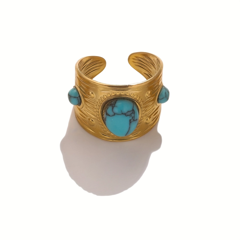 1pc Stainless Steel Natural Stone Ring, Fashionable 18K Gold-Plated Turquoise Tiger Eye Stone Ring