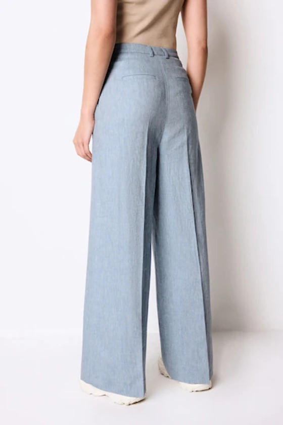 Buy Blue Textured Linen Wide Leg Trousers from the Next UK online shop