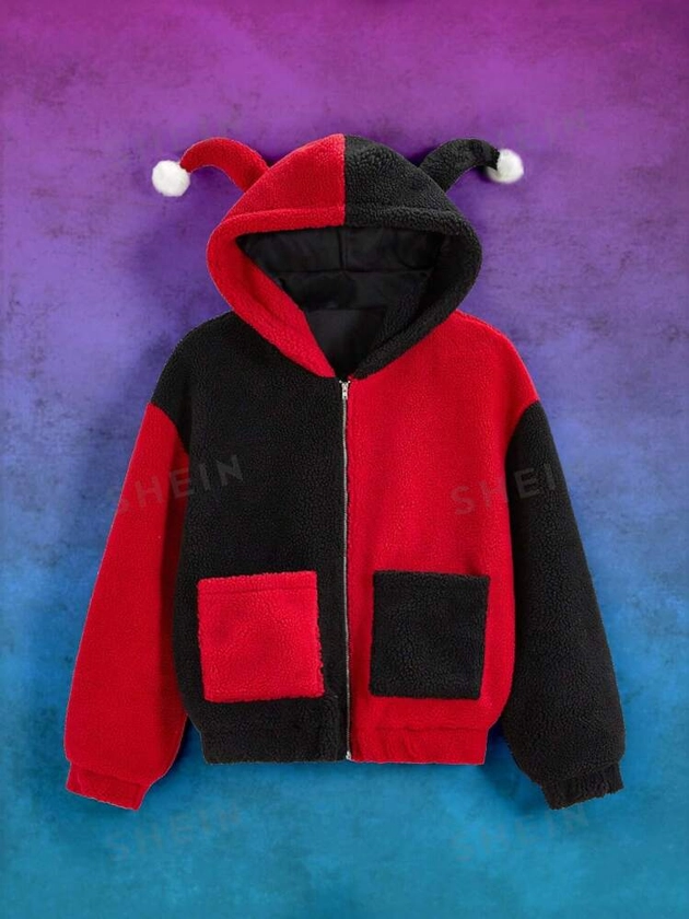 Harley Quinn | ROMWE Giacca con cappuccio con chiusura lampo con blocchi di colore in pile spesso per donne autunno-inverno