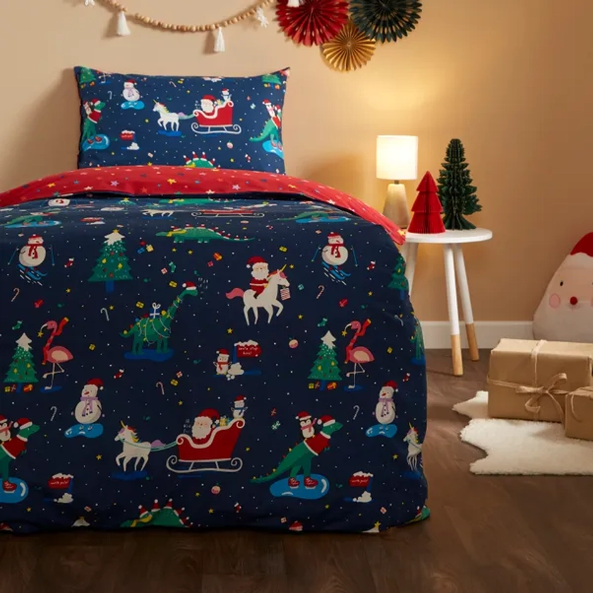 Festive Dinosaur and Unicorn Duvet Cover and Pillowcase Set