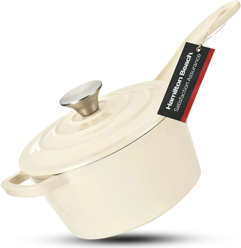 Hamilton Beach Enameled Cast Iron Sauce Pan 2-Quart Gray, Cream Enamel coating, Pot For Stove top and Oven Cooking, Even Heat Distribution, Safe Up to 400 Degrees, Durable