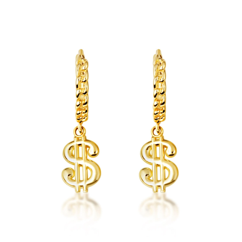 Yellow Gold Dollar Sign Cuban Link Huggie Earrings