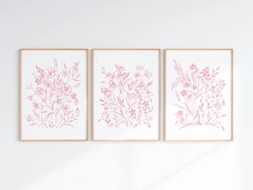 Light Pink Floral Wall Art Set Of 3 Fine Line Flower Drawings Still Life Botanical Prints Dorm College Decor Girls Room Art Digital Download