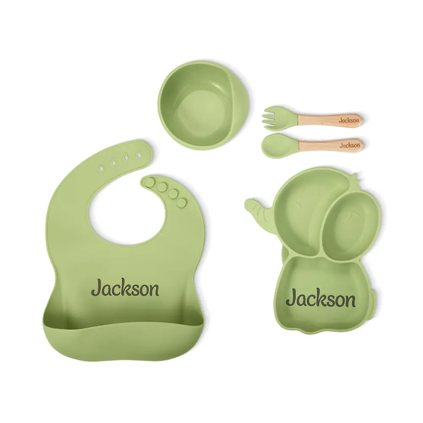 Custom Food Grade Silicone Elephant Baby Divided Suction Feeding Set with Name, New Baby Toddler Dinnerware, First Birthday/Baby Shower Gift