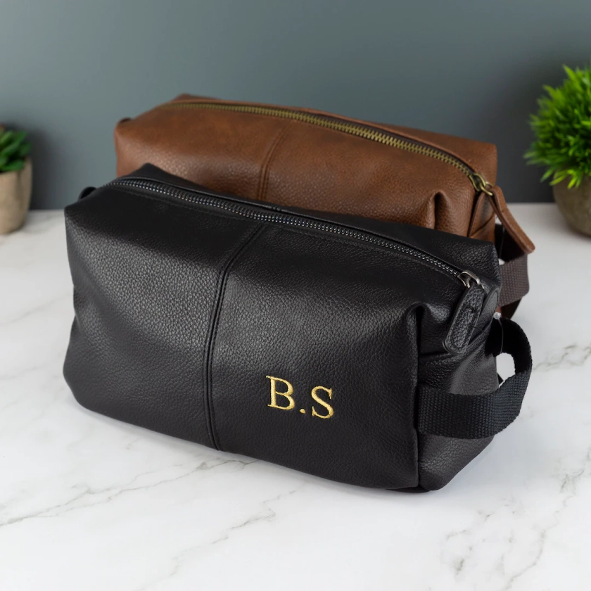 Personalised Embroidered Mens Leather Wash Bag With Strap Black or Brown Mens Vegan Leather Toilet Bag Embroidered With Initials - Etsy UK