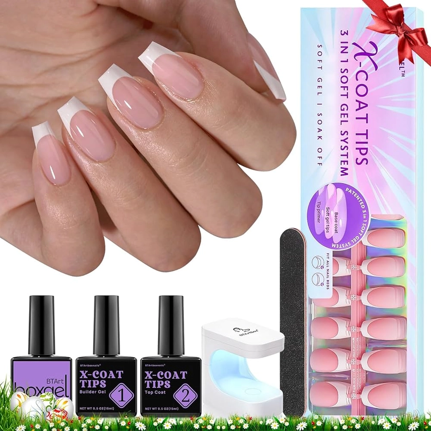 btartboxnails XCOATTIPS French Gel Nails - Short Coffin Nails Tips with Nail Gel, French Protecing Duo, Nail Lamp, All in One Soft Gel French Tip Press on Nails Gel Extension Easter Gifts