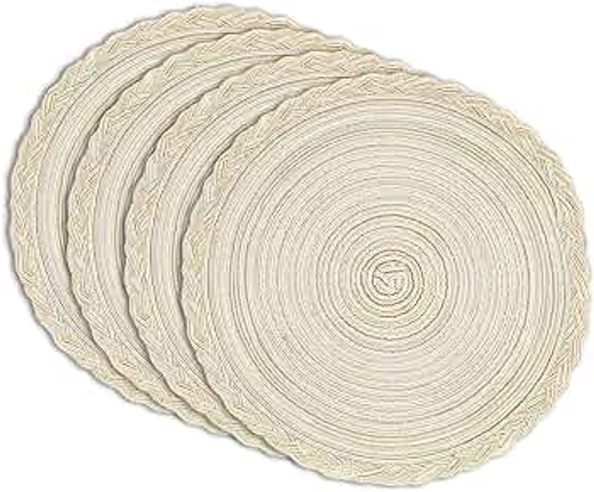 myHomeBody Round Woven Placemats, 4pcs, 14.8" Braided Woven Placemats, Attractive Kitchen Décor Place Mats, Round Placemats as Table Mat, Cream - Braided Edge, Set of 4