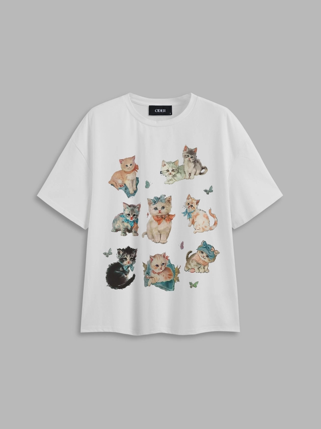 Jersey Round Neckline Bowknot Kitty Graphic Short Sleeve Tee For School Daily Casual