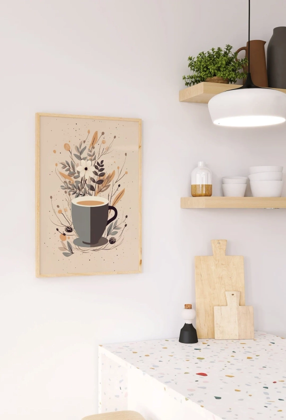Déco cuisine moderne : tasse à café motif végétal | Décoration murale Boho confortable | décoration salle à manger | Affiches Cuisines | Déco murale cuisine beige