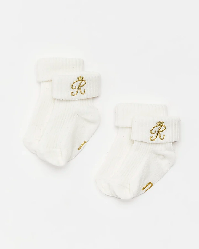 Baby cream RI embroidered socks 2 pack | River Island