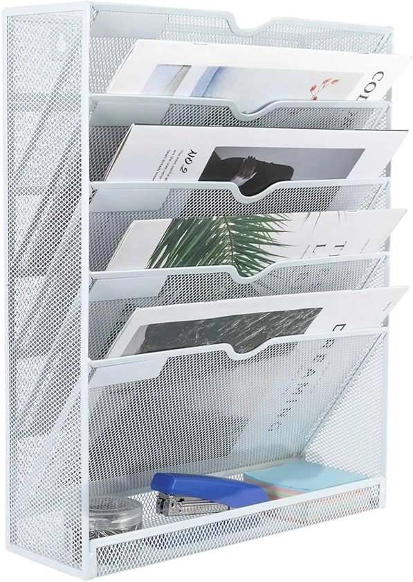 EasyPAG 6 Compartiments Métal Porte Document Mural A4 Porte Revue Suspendu Organisateur de Bureau à Suspendre Banette de Rangement Range Papier Corbeille a Courrier Murale,Blanc