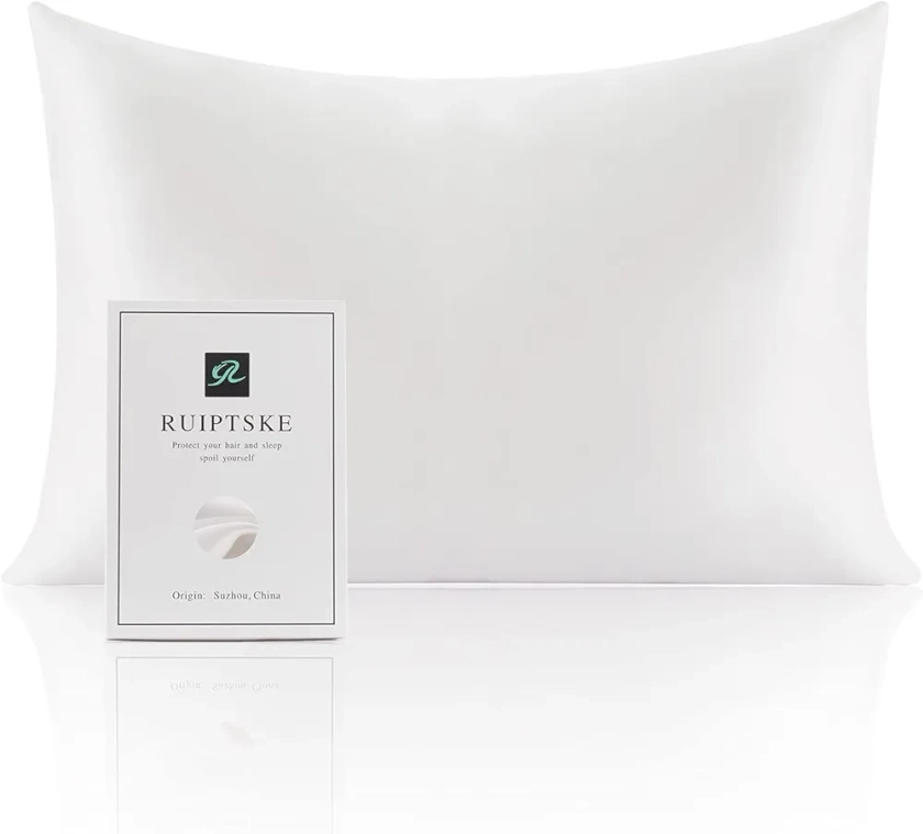 RUIPTSKE Federa per cuscino in seta naturale, ipoallergenica, 22 mamme, 100% seta, 600 fili, con cerniera nascosta, certificata OEKO-TEX (white, 50x75cm)