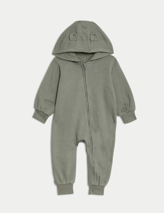 Cotton Rich Hooded Zip All in One (0-3 Yrs) | M&S Collection | M&S