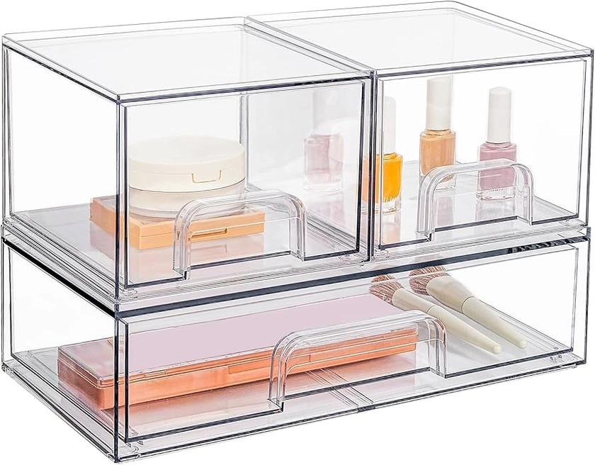 Vtopmart Stackable Storage Drawers Set of 3, 12" Wide and 4.4'' Tall Clear Plastic Organizer Bins for Makeup, Cosmetics, Beauty Supplies,Ideal for Vanity, Bathroom,Cabinet,Pantry Organization