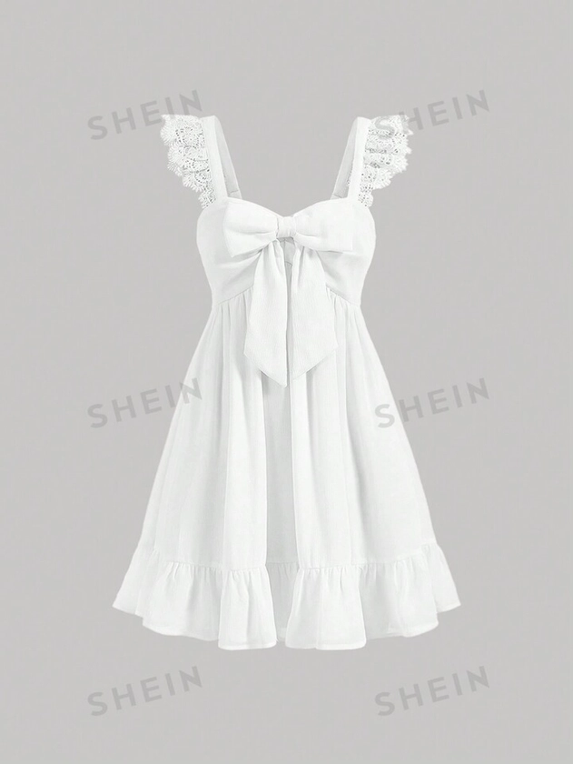 SHEIN MOD Vestido Babydoll Blanco Elegante Para Mujer Con Textura De Crepe, Encaje Hueco, Manga Voladora, Lazo De Centro Y Lazo