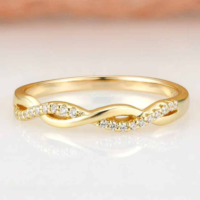 Petite Diamond Wedding Band For Women - 14K Yellow Gold Vermeil Twisted Vine Engagement Ring- Promise Ring Anniversary Birthday Gift For Her