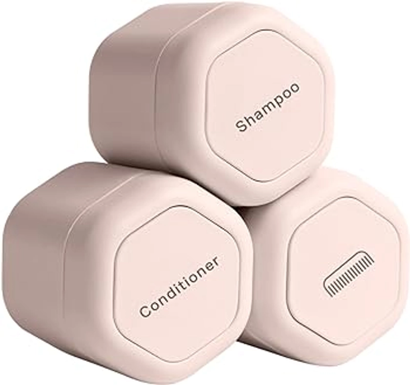 Cadence Travel Containers - Haircare Set - Magnetic Travel Capsules - For Shampoo, Conditioner, Hair Styling Product - 3 Flex Mediums (1.32oz) with Shampoo, Conditioner & Comb Icon Labels - Petal