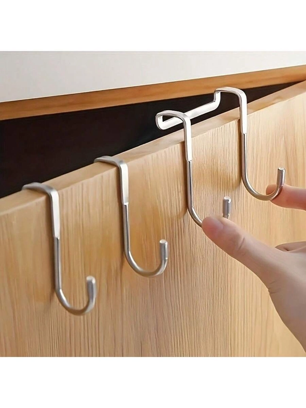 1pc Stainless Steel Hook, Double S-Shaped Hook Without Drilling, For Kitchen Bathroom Cabinet Door Back Clothing Hat Towel Storage Hanger