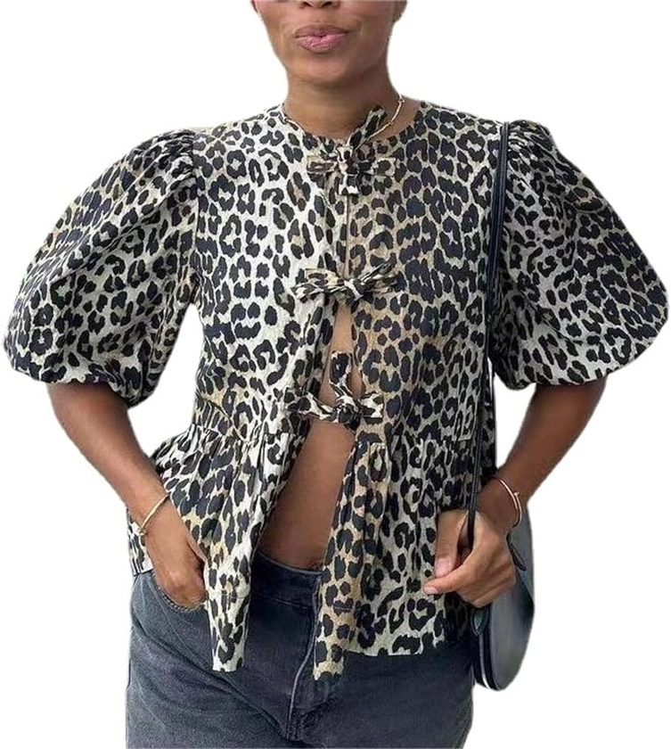 Puff Sleeve Tops for Women Leopard Print Tops for Women Lace Up Top Cute Tops for Women