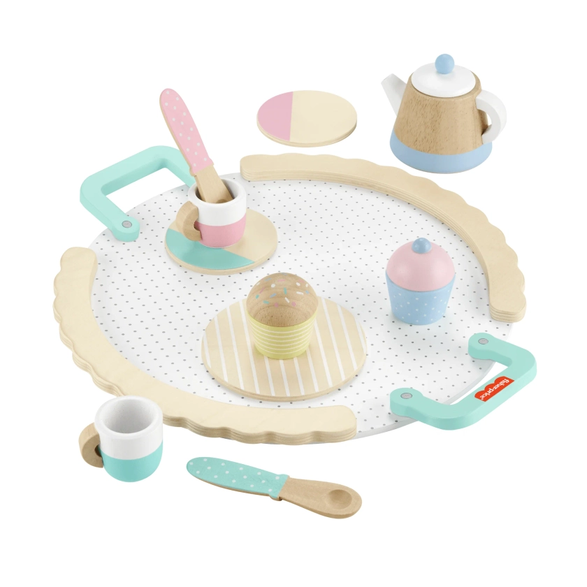 Fisher-Price Wooden Tea Party Set For Preschool Pretend Play, 12 Wood Play Pieces