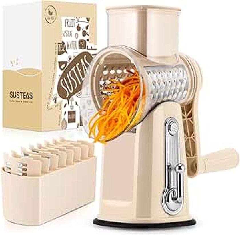 SUSTEAS Rotary Cheese Grater with Handle - Vegetable Shredder with 5 Well-designed Blades & Strong Suction Base,Round Mandoline Slicer & Food Chopper for Kitchen,with Blade Storage Box(Beige)