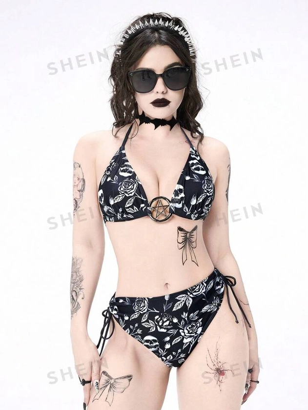 ROMWE Goth Conjunto de bikini sexy de tirantes con estampado floral de playa de verano para mujeres
